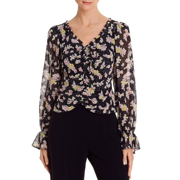 NWOT Cinq A Sept XS Kimberly Ruched Long Sleeve Top Black White Floral SemiSheer - Picture 1 of 12